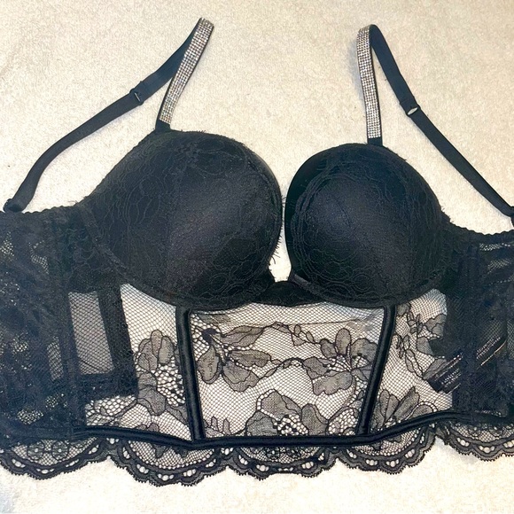 NWOT Victoria Secret Very Sexy Lace bustier with rhinestone straps in black. - Picture 5 of 6